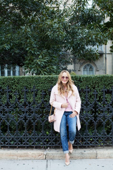 foster grant polo sunglasses // eliza j bouclé coat // boden striped tee // madewell jeans
