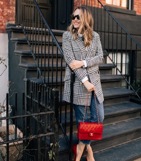 Grace Atwood Outfit Details: Topshop Coat // Brooks Brothers Red Fleece Rainbow Sweater // Re/Done Denim // Manolo Blahnik Pumps // Vintage Chanel Purse // Celine Sunglasses